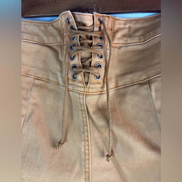 Free People 28 Curvy Lace Back Raw Hem Super Bell Bottom Jeans in Harvest Gold - Picture 5 of 10